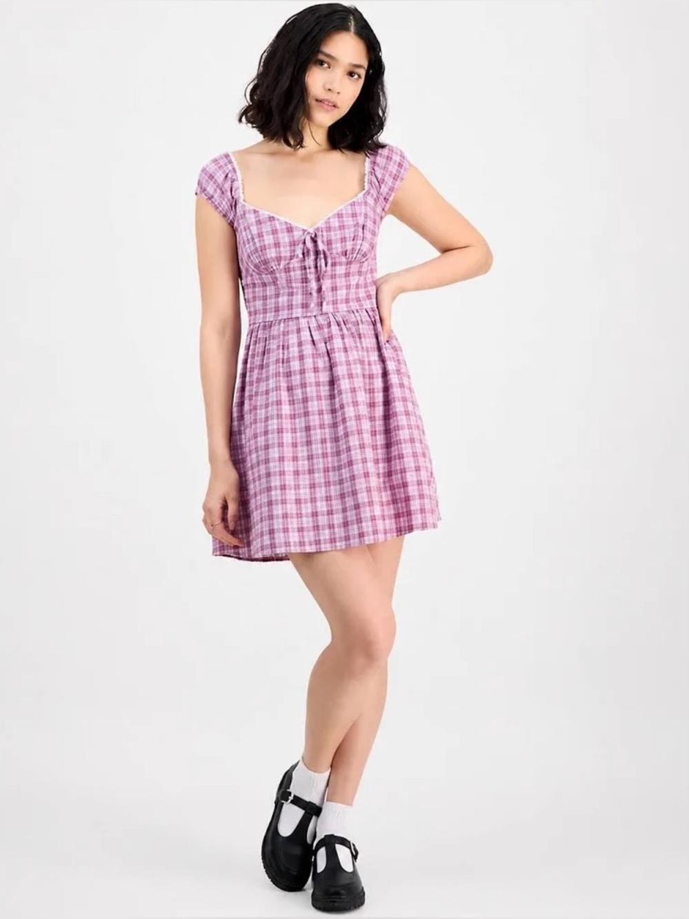 Kingston Grey Women’s Ivory Wine Plaid Mini Dress Size L 100% Cotton
